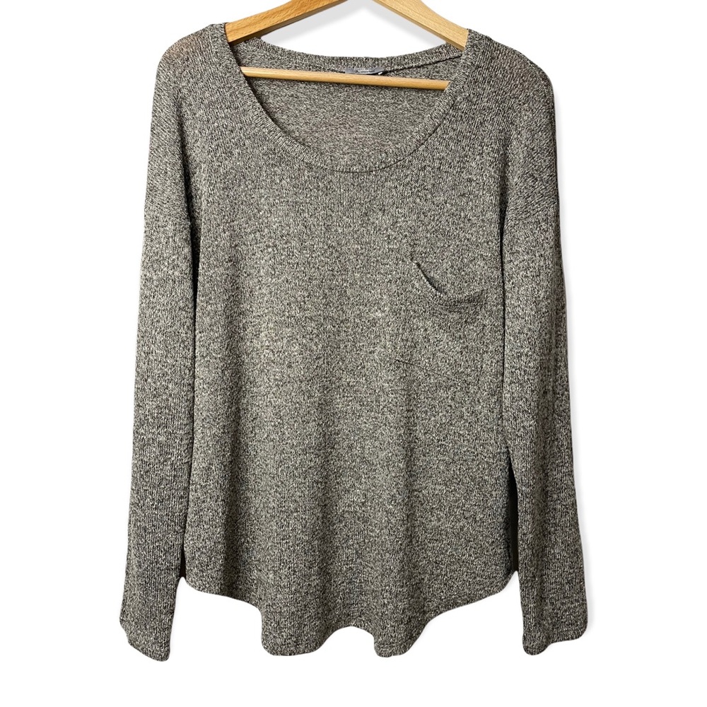 Pocket Slouchy Lightweight Salt and Pepper Knit Scoop Neck Long Sleeve Sweater